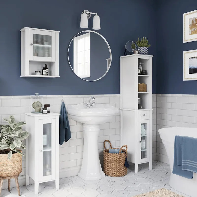 Slim White Bathroom Cabinet with Reeded Glass Door