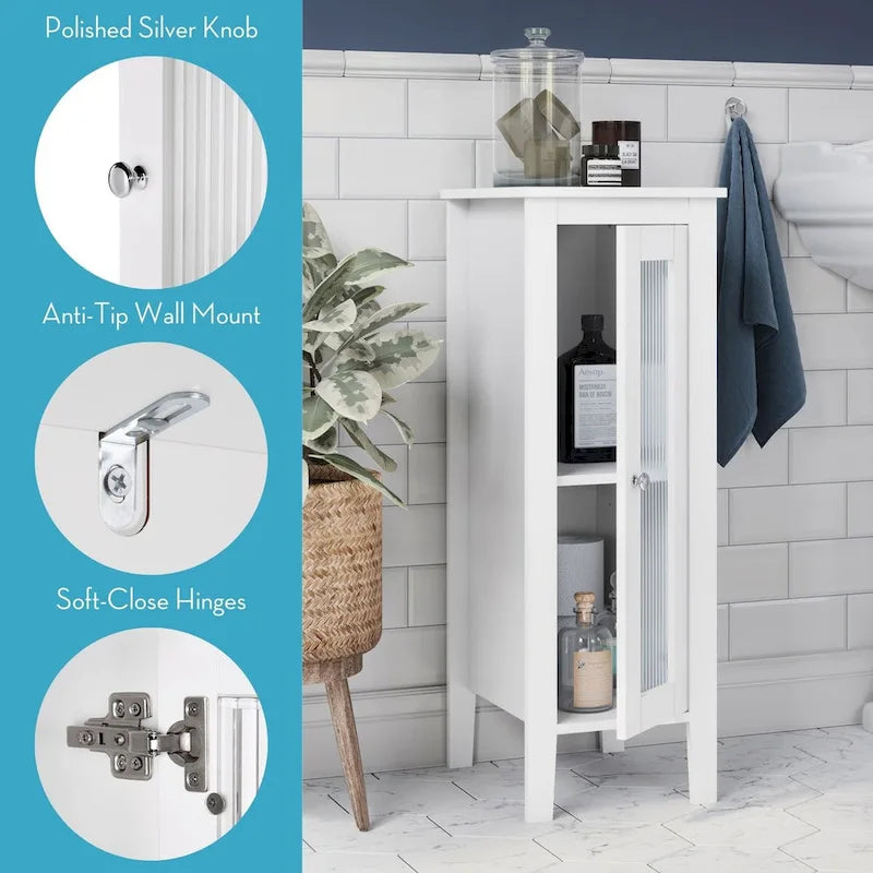 Slim White Bathroom Cabinet with Reeded Glass Door