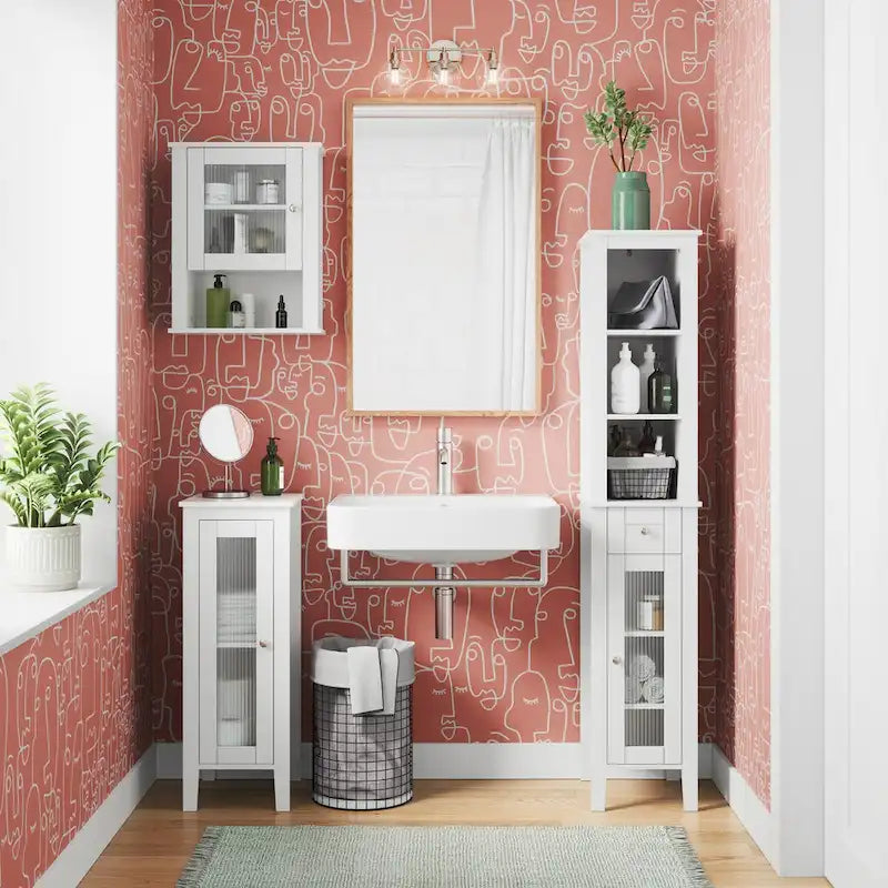 Slim White Bathroom Cabinet with Reeded Glass Door