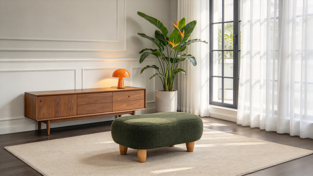 U-Shaped Upholstered Footstool with Wood Legs