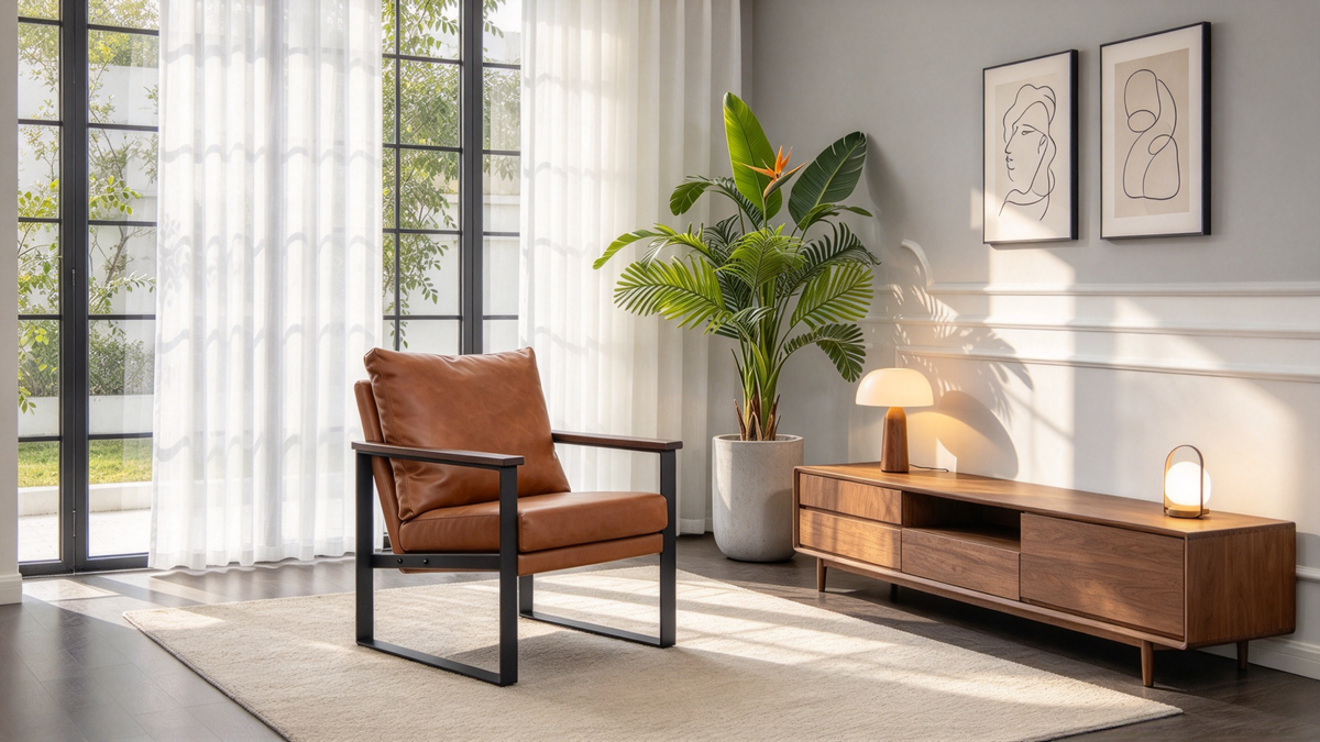 Modern Faux Leather Accent Chair with Wood Armrests