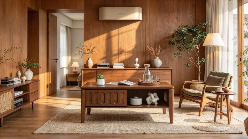 Mid-Century Fluted Coffee Table with Sliding Storage